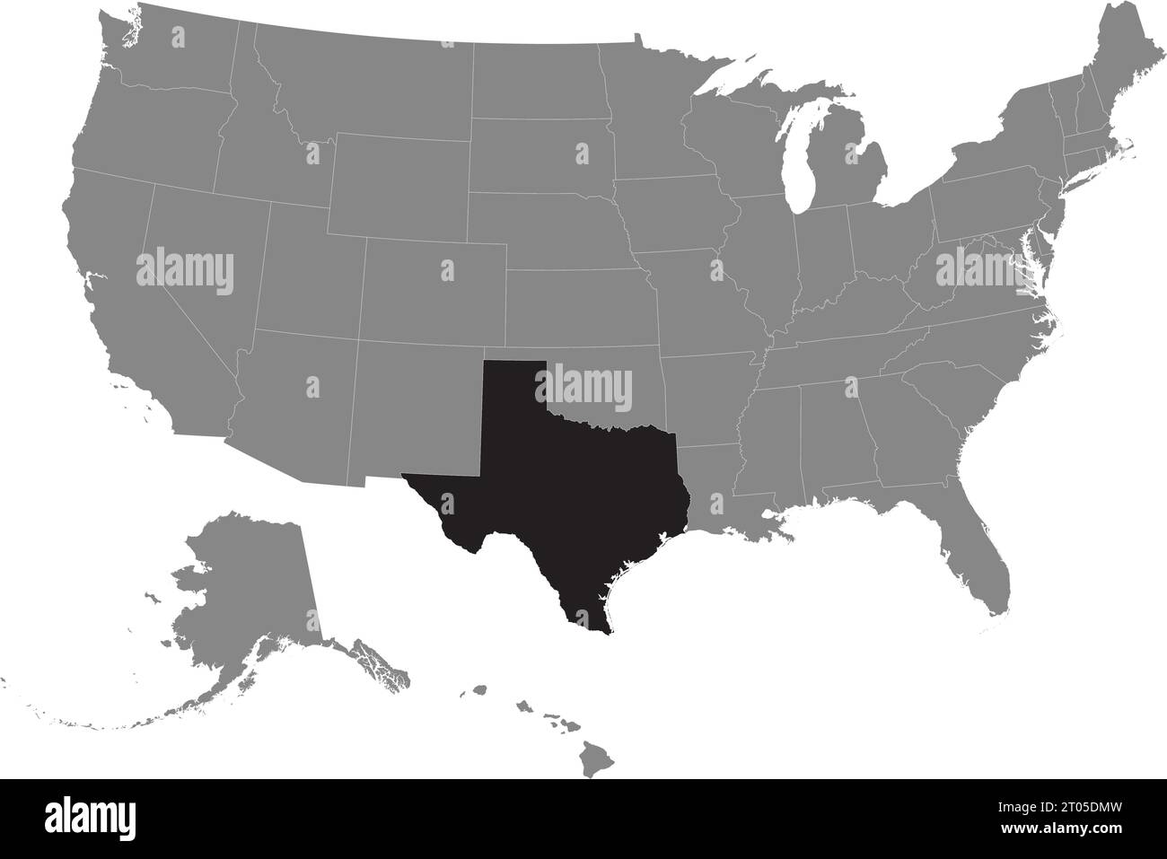 Black CMYK federal map of TEXAS inside detailed gray blank political map of the United States of America on transparent background Stock Vector