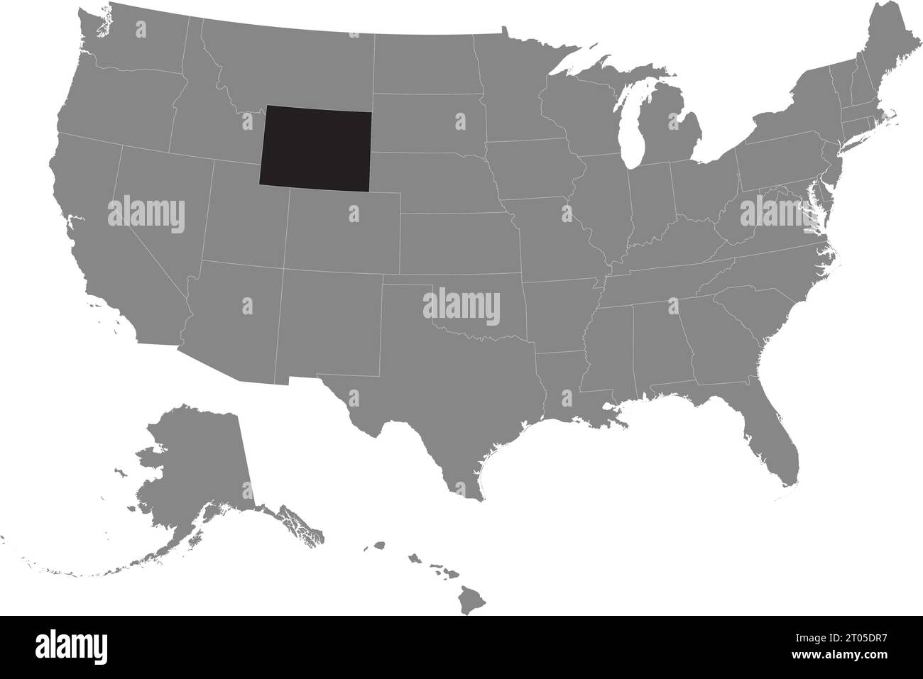 Black CMYK federal map of WYOMING inside detailed gray blank political map of the United States of America on transparent background Stock Vector