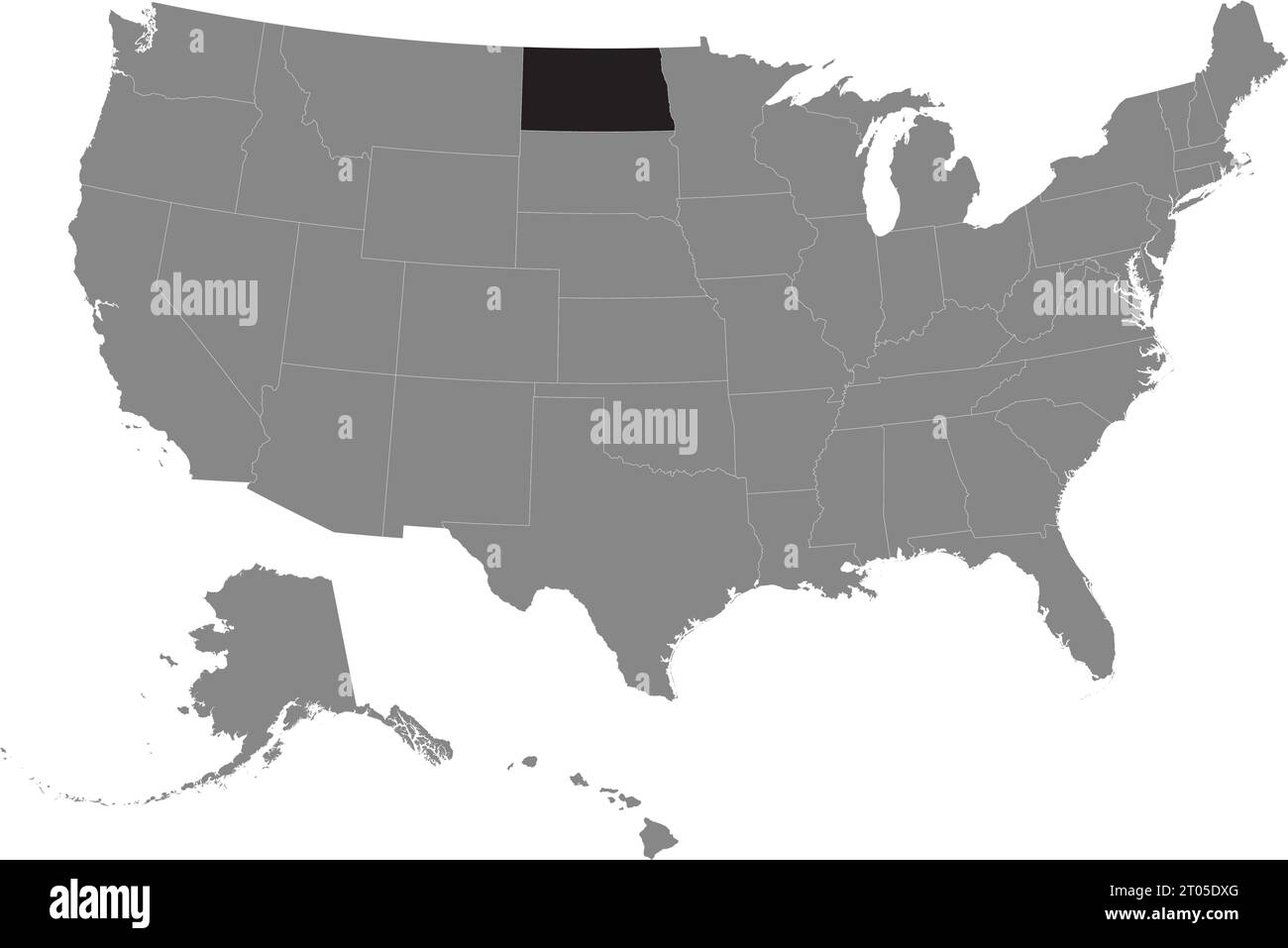 Black CMYK federal map of NORTH DAKOTA inside detailed gray blank political map of the United States of America on transparent background Stock Vector