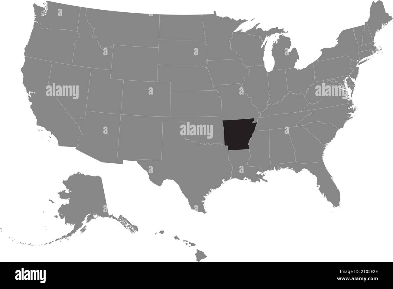 Black CMYK federal map of ARKANSAS inside detailed gray blank political map of the United States of America on transparent background Stock Vector