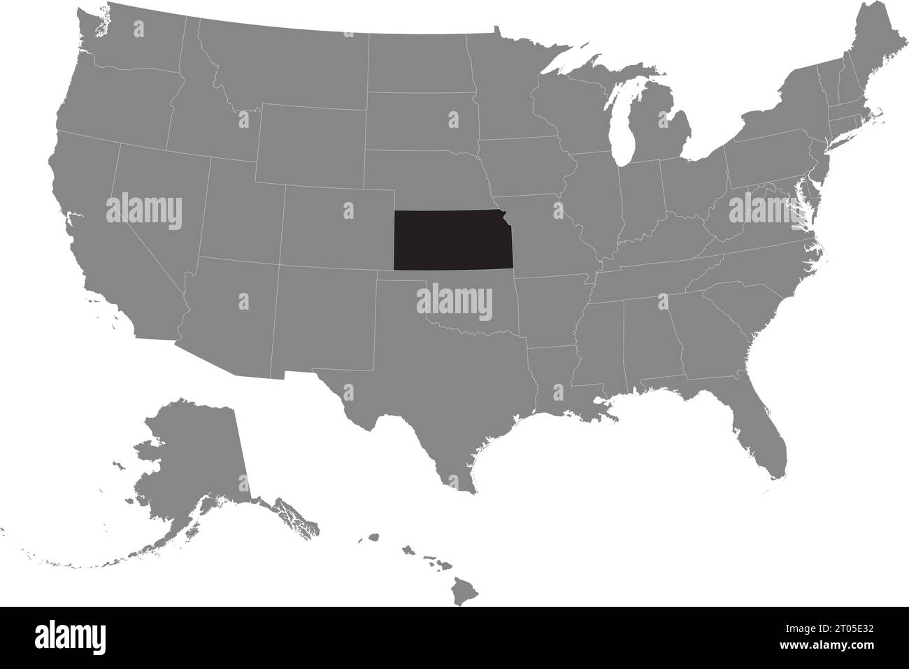 Black CMYK federal map of KANSAS inside detailed gray blank political map of the United States of America on transparent background Stock Vector