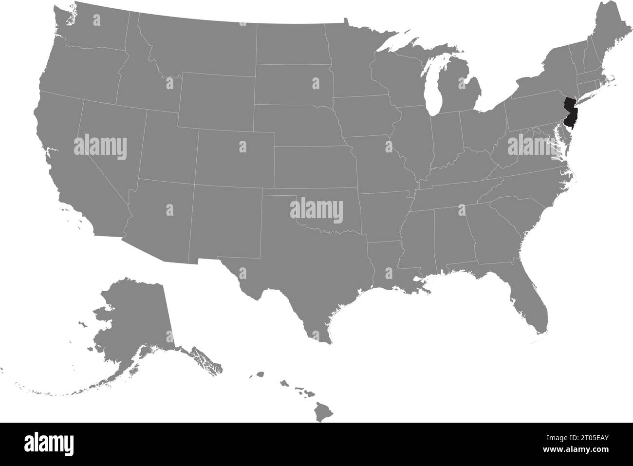 Black CMYK federal map of NEW JERSEY inside detailed gray blank political map of the United States of America on transparent background Stock Vector