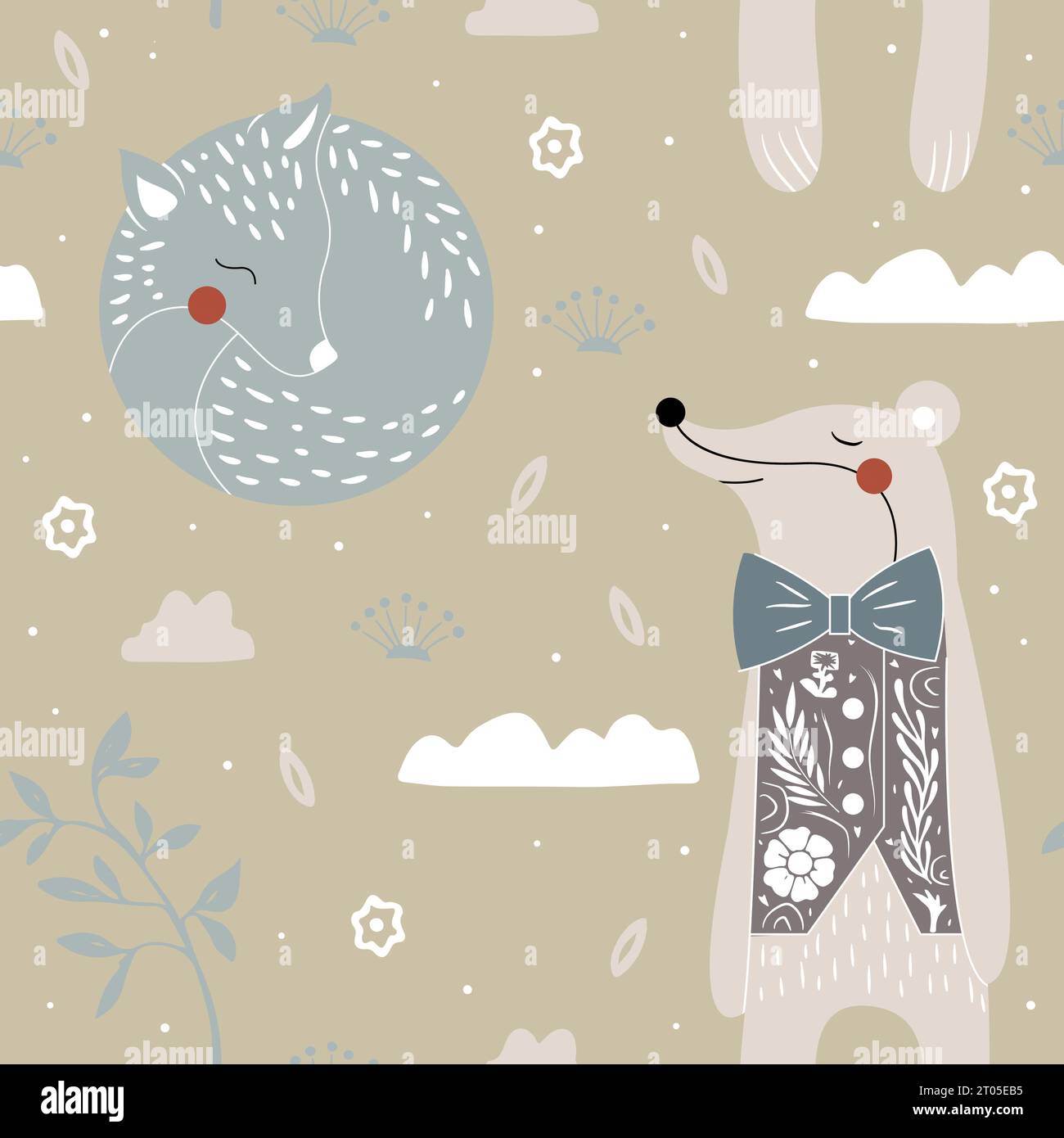 Lovely seamless pattern with cute fox, badger and flowers. Perfect for ...