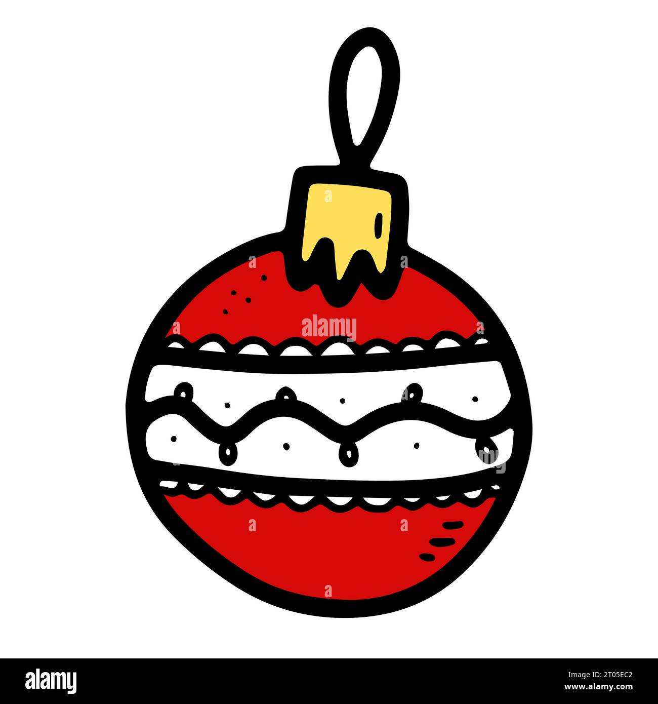 Doodle red Christmas ball image. Seasonal ornament Toy isolated on white background. Colored festive decoration. Vector New Year illustration. Traditi Stock Vector