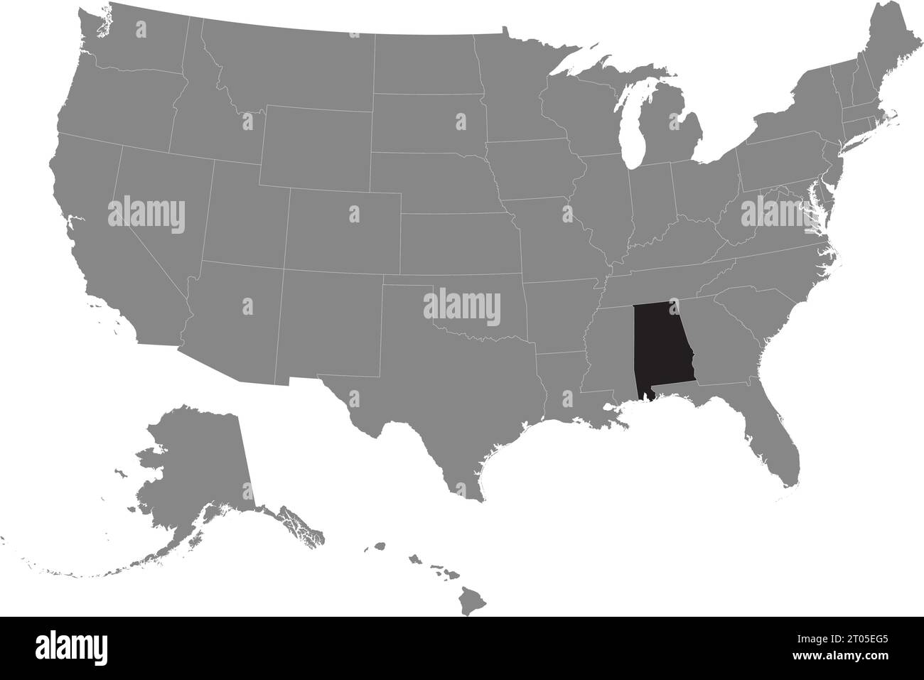 Black CMYK federal map of ALABAMA inside detailed gray blank political map of the United States of America on transparent background Stock Vector