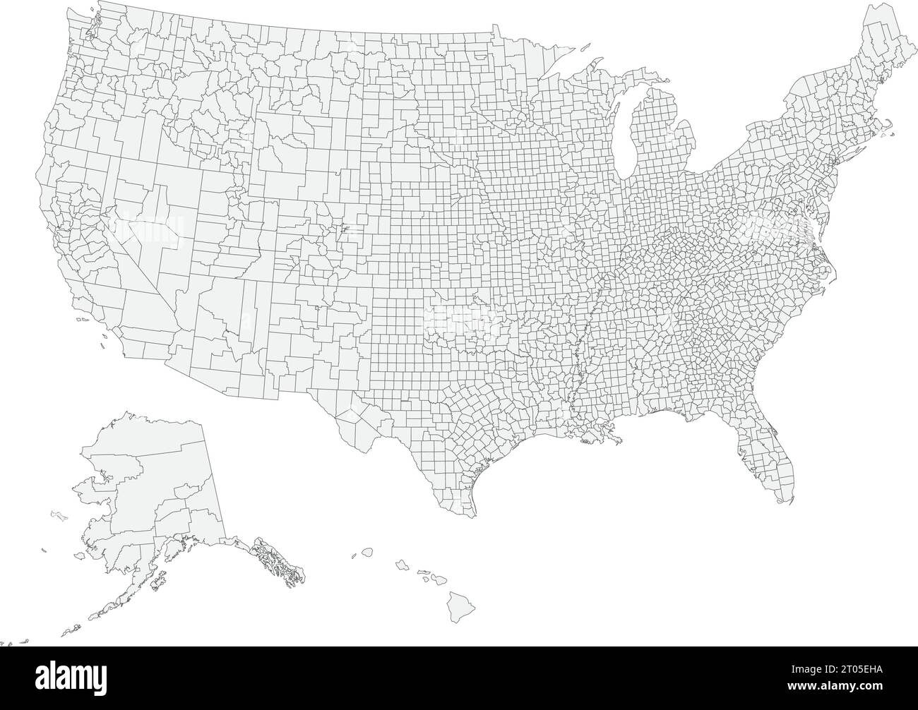 Detailed gray CMYK map of the United States of America federal counties with black border lines Stock Vector
