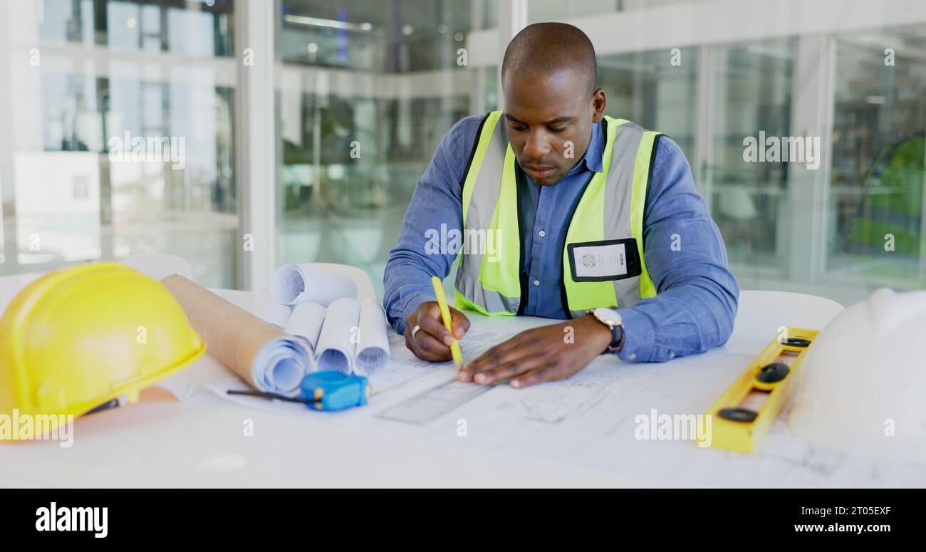 Black man, architecture and drawing blueprint for construction job