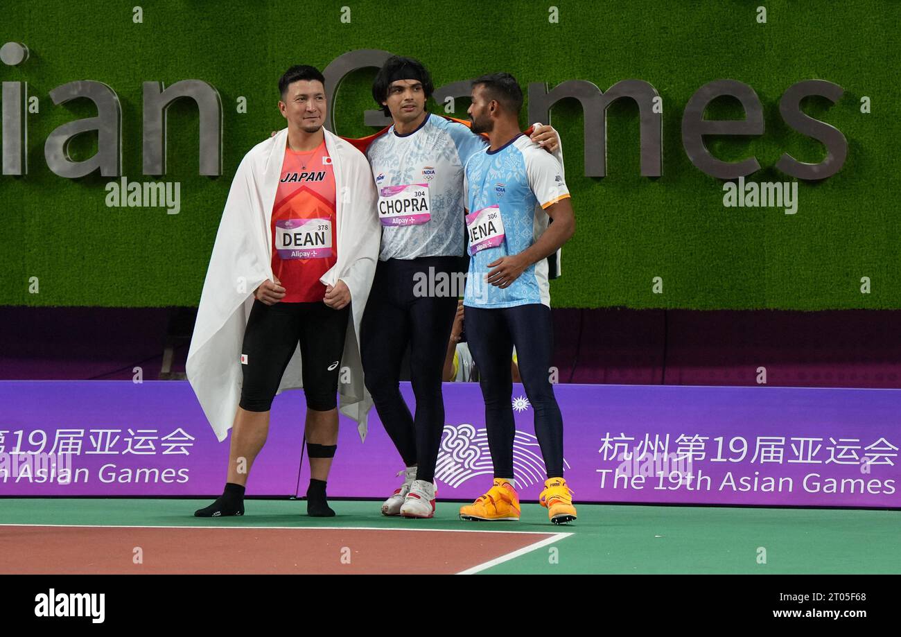 Roderick Deane Hangzhou, China's Zhejiang Province. 4th Oct, 2023. Neeraj Chopra(C ...