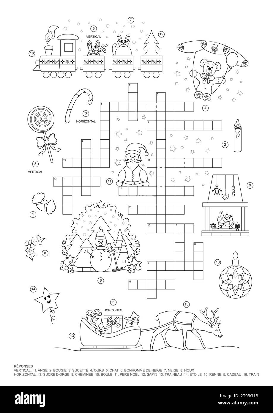 Crossword puzzle. Christmas theme. Game and Coloring page. French language. Vector illustration. Stock Vector