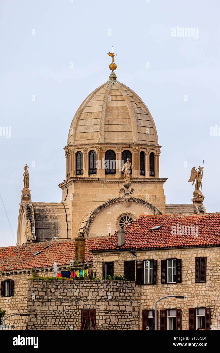 the east facing stone roof and dome of st james cathedral sibenik looks over the old town roofs Stock Photo