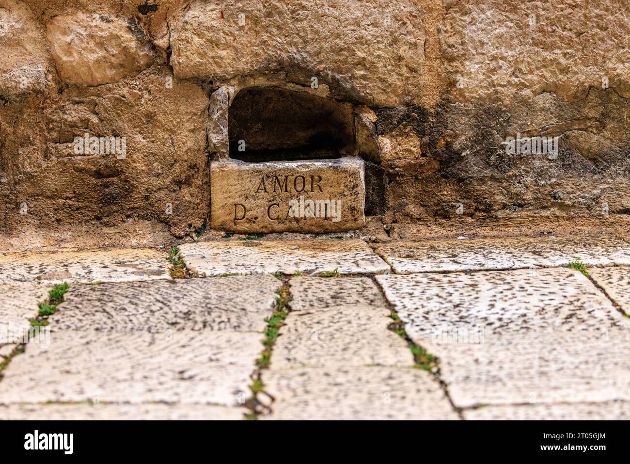 a stone water bowl for dogs from the 16th century with latin inscription amor di cani for the love of dogs in the wall of stone street in sibenik Stock Photo