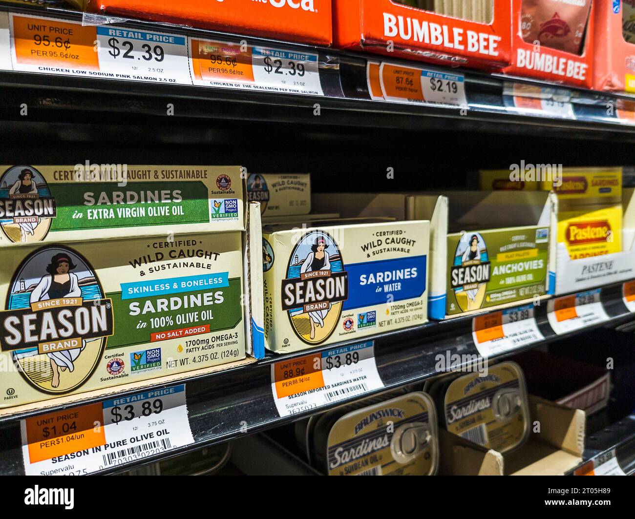 A selection of tinned fish in a supermarket in New York on Monday