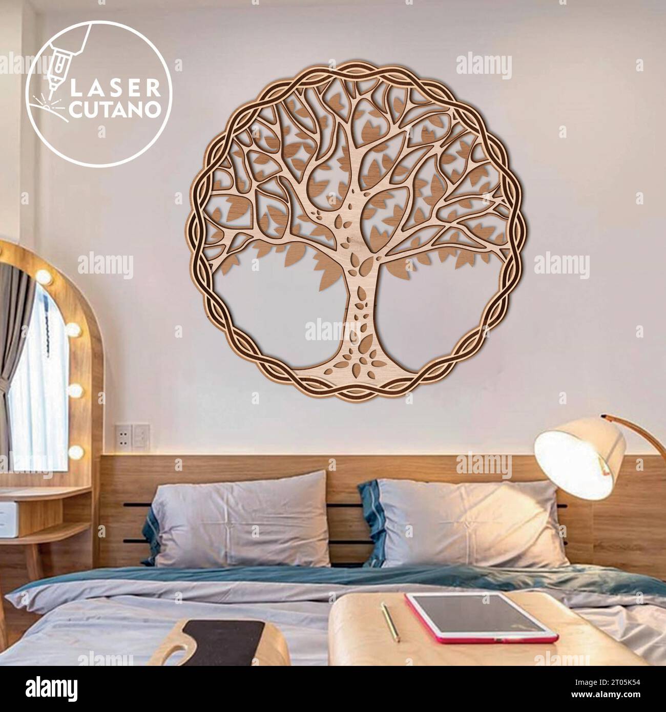 Tree of Life Wood Panel, a captivating piece of artistry that seamlessly marries nature's beauty with fine craftsmanship. Stock Vector