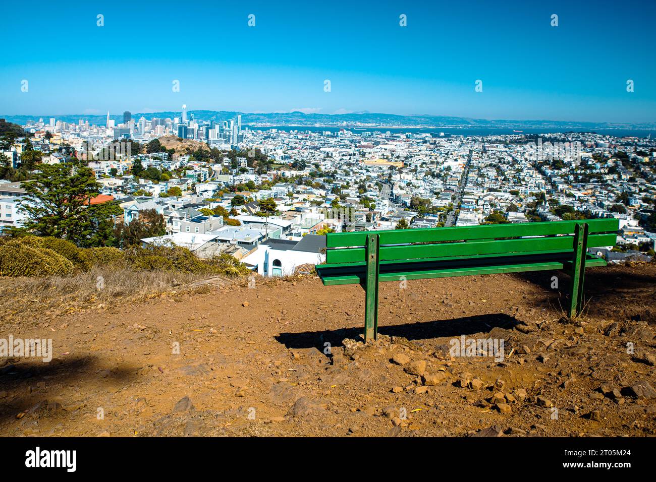 Empty bench overlooking the San Francisco skyline. Stock Photo