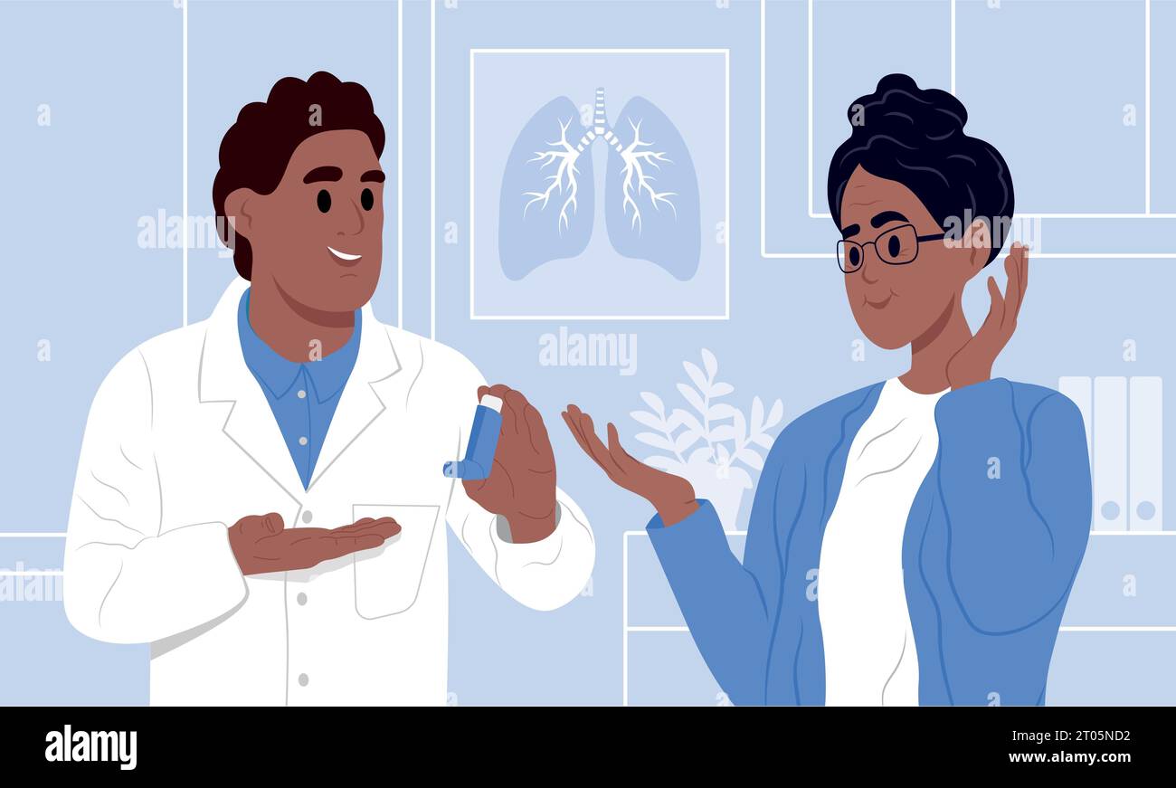 Black doctor is telling to her patient how to use inhaler. Allergy