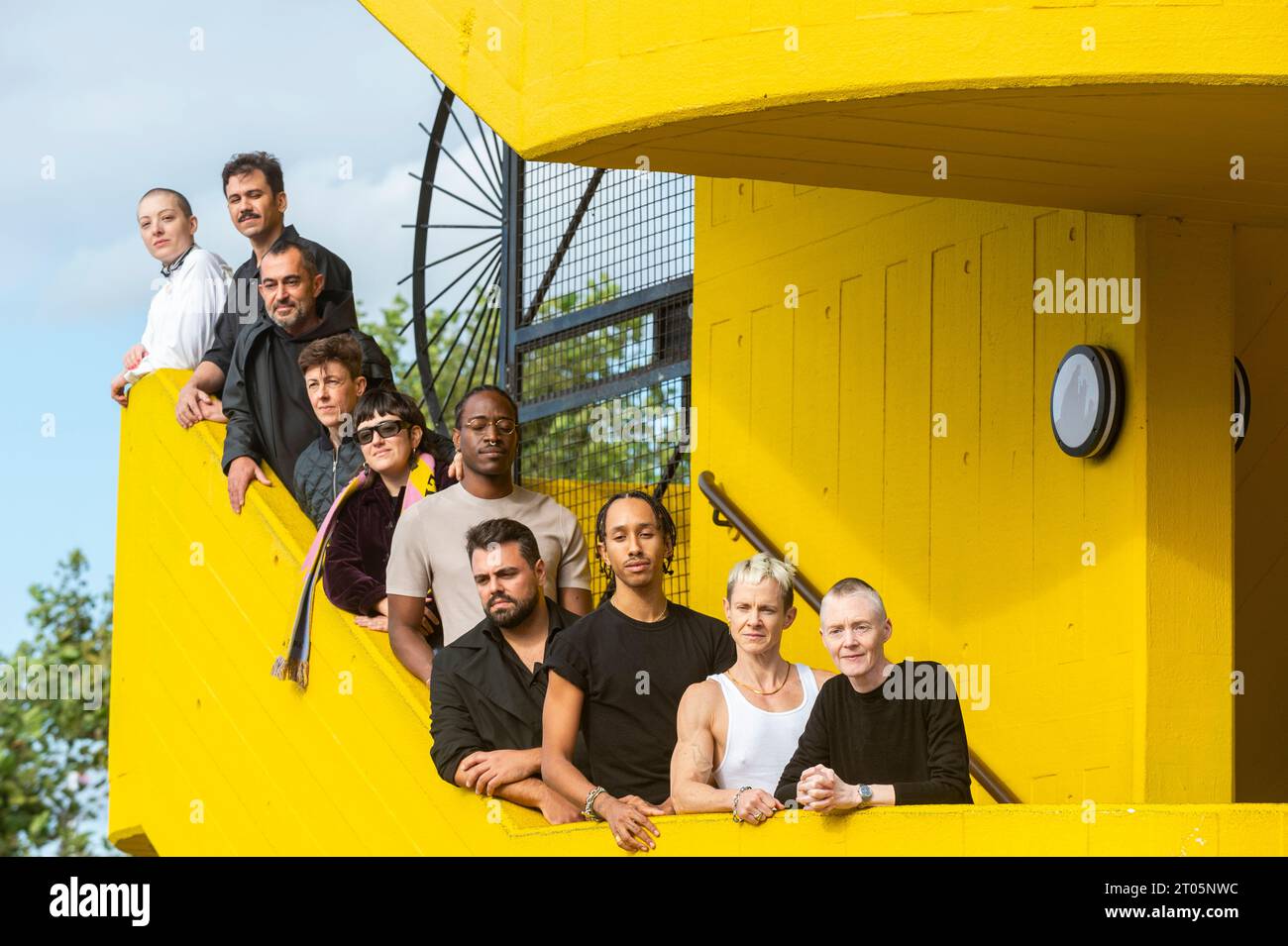 London, UK.  4 October 2023.  (L to R) Despina Zacharopoulou, Paul Setúbal, Yiannis Pappas, Paula Garcia, Carla Adra, Carlos Martiel, Aleksandar Timotic, Miles Greenberg, Cassils and Sandra Johnston arrive to open the Marina Abramović Institute Takeover at the Southbank Centre's Queen Elizabeth Hall, which runs 4 to 8 October.  (Image only to be used in relation to this event) .  Credit: Stephen Chung / Alamy Live News Stock Photo