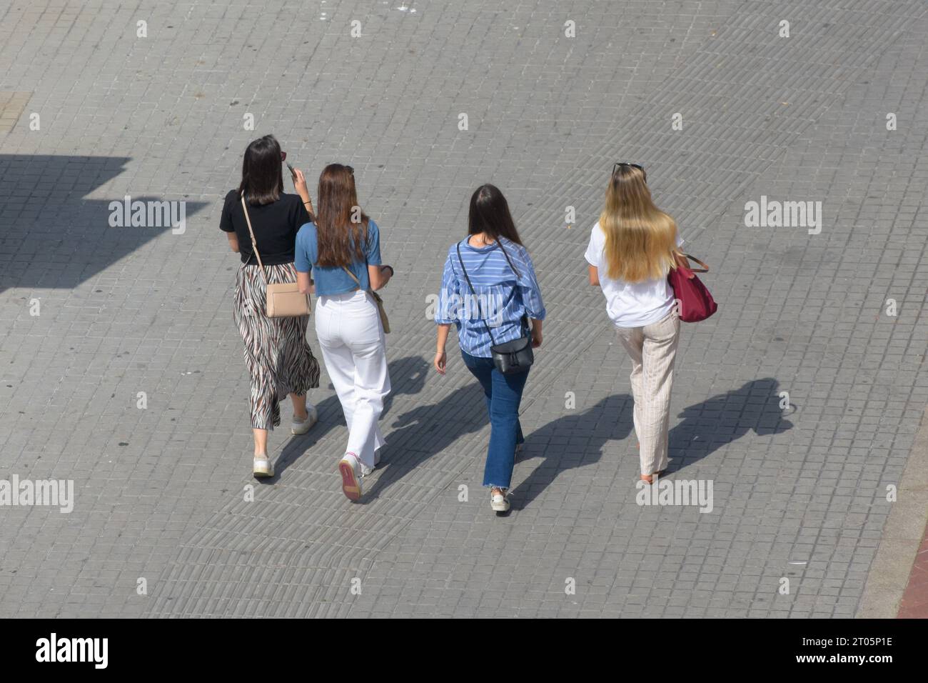 Rear view of a group of young women walking on a city street. Concept ...
