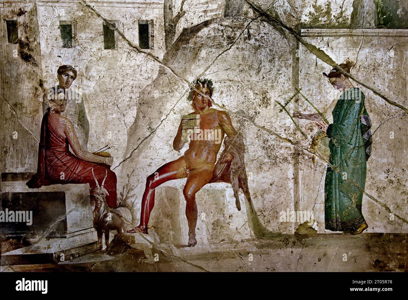 Pan playing the double flute with a nymph playing the lyre and two