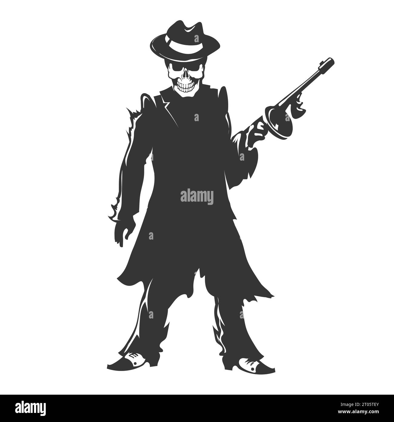 Gangster Skull with Machine Gun Emblem isolated on white. Vector illustration Stock Vector