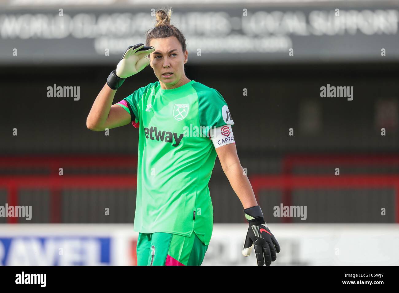 London, UK. 1st October 2023. Mackenzie Arnold during the Barclays WSL fixture between West Ham and Man City at The Chigwell Construction Stadium. Stock Photo