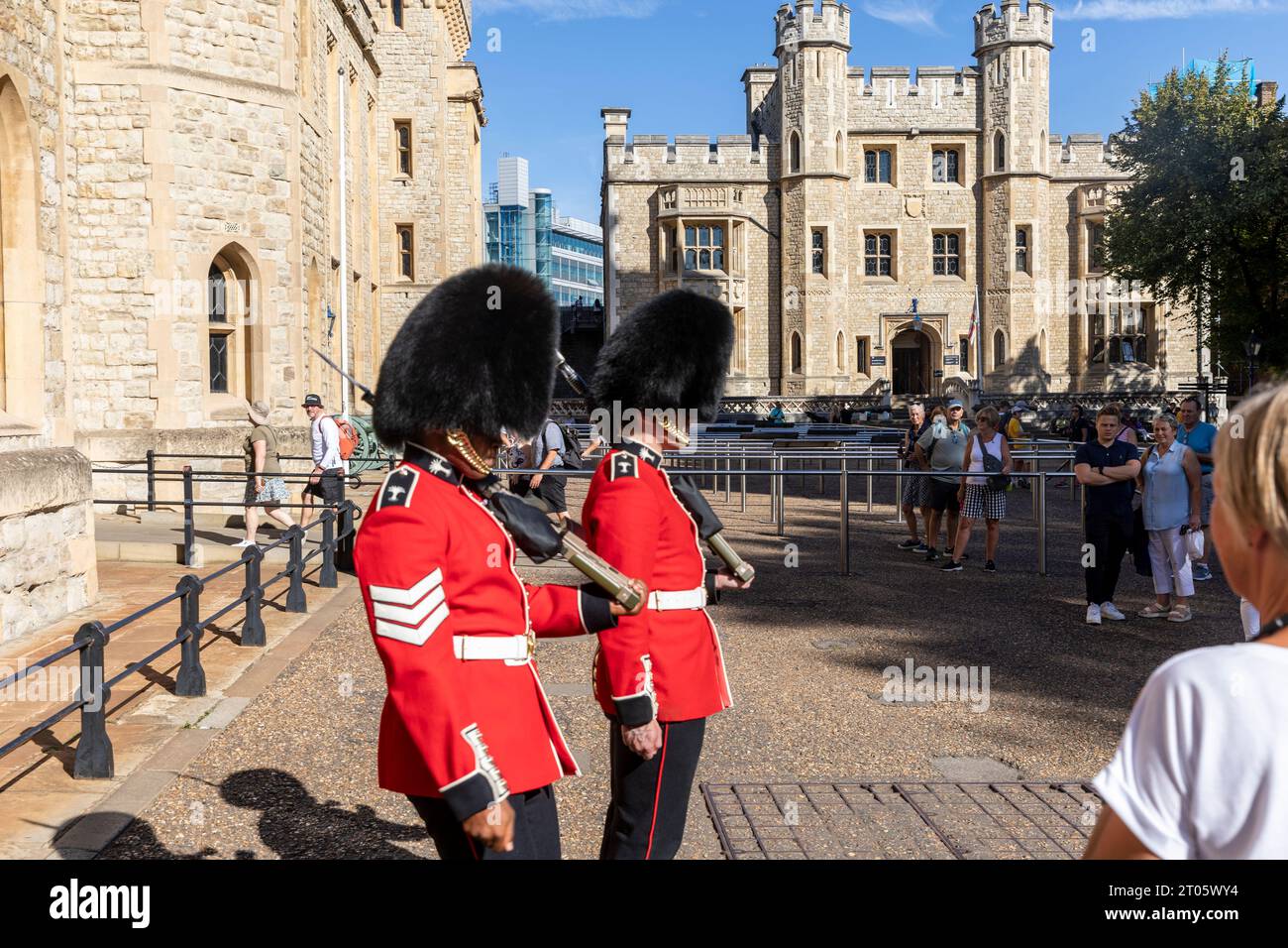 Tower of London, welsh guards changing of the guard outside the Jewel House are overseen by sergeant in charge, London,UK,September 2023 Stock Photo