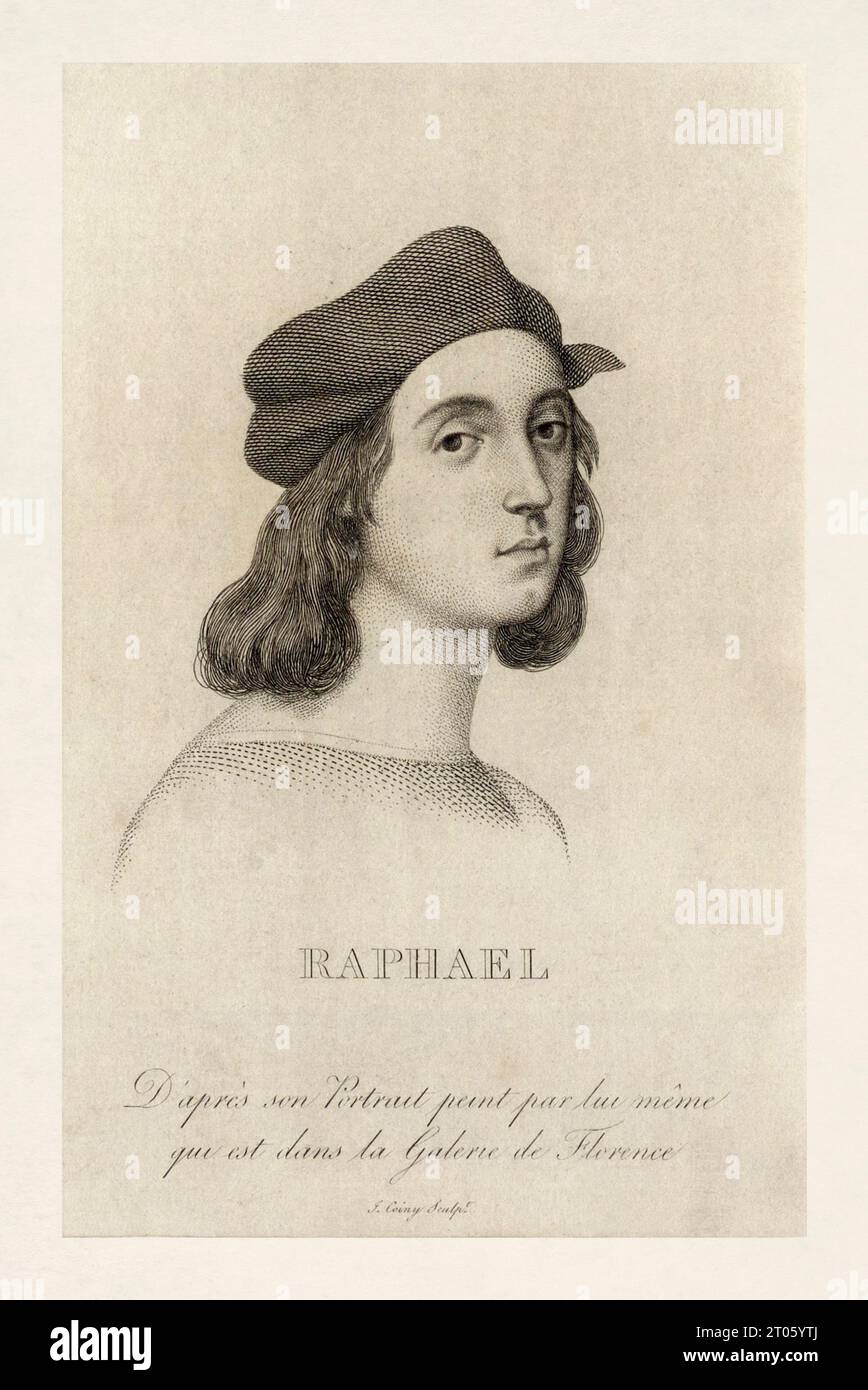 Self-portrait of Raphael engraved by Joseph Coiny according to a painting made between 1504 and 1506 when he was about 23 years old. Stock Photo