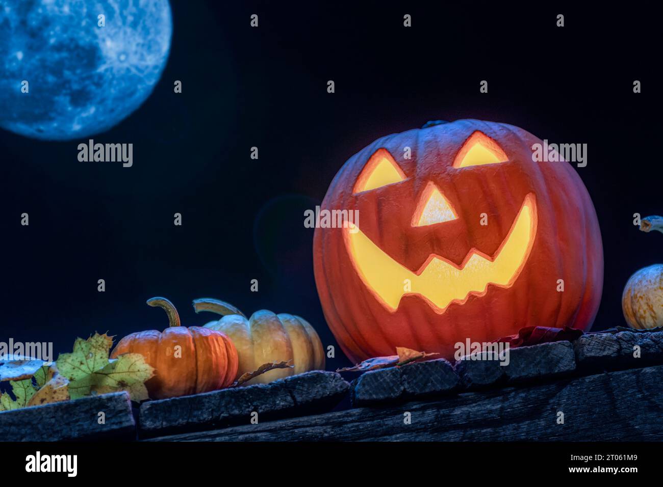 A smiling Jack O Lantern sitting on an old wooden porch with small ...