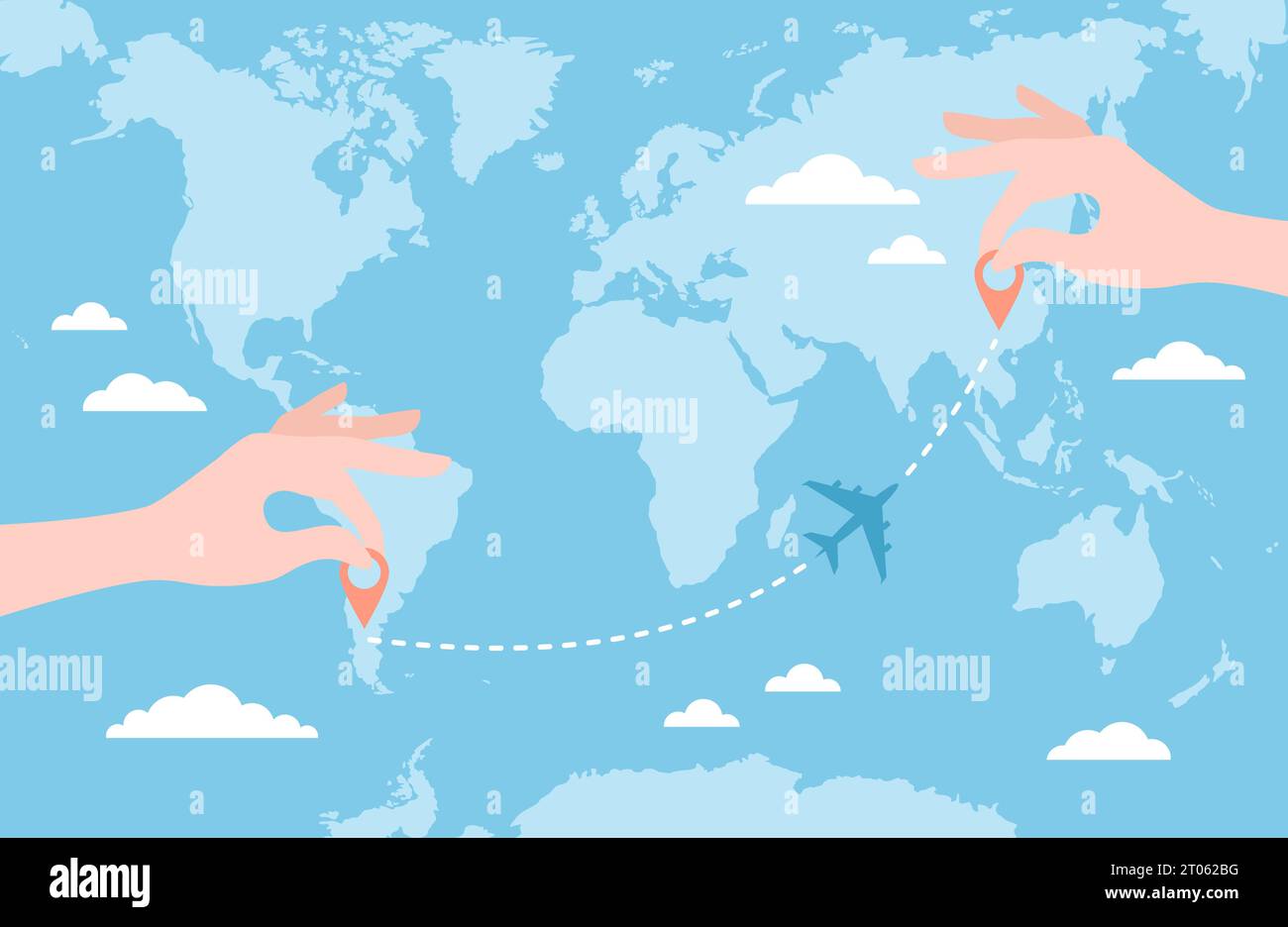 Two hands putting pin icons on a blue world map and an airplane flying on a route. Travel route planning. Flat vector illustration Stock Vector