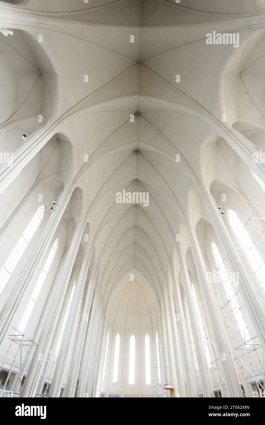 Reykjavik Cathedral or Hallgrímskirkja; Interior showing the modern architecture of the ceiling; Reykjavik Iceland Europe Stock Photo