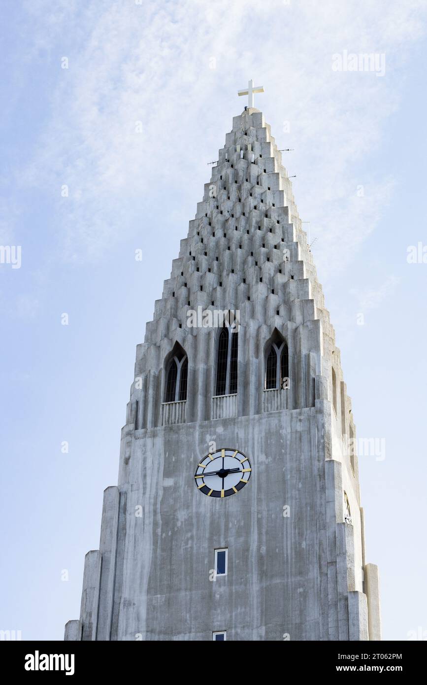 Reykjavik Cathedral or Hallgrímskirkja, the top of the tower against a blue sky, Reykjavik Iceland Europe Stock Photo