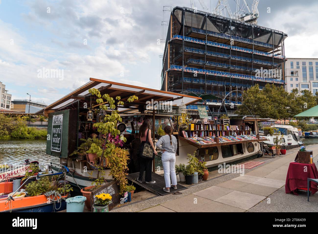 London, UK - August 25, 2023: Word on the Water, a cozy library floating on barge in Regents Canal at Kings Cross. Stock Photo