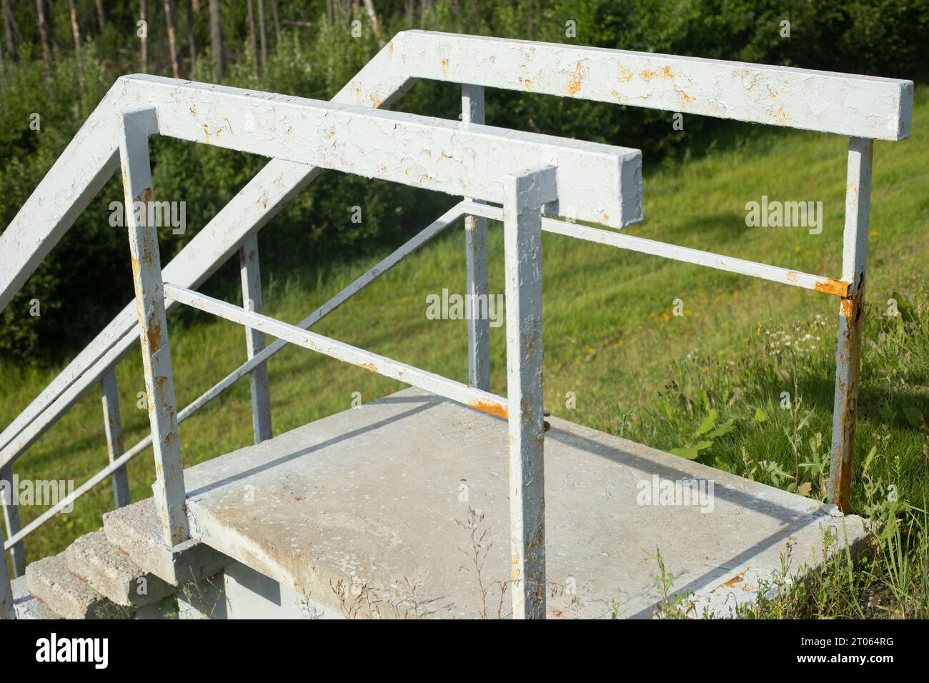 Stairs down. Stairs to bridge. Technical structure. Downhill. Climbing highway. Stock Photo