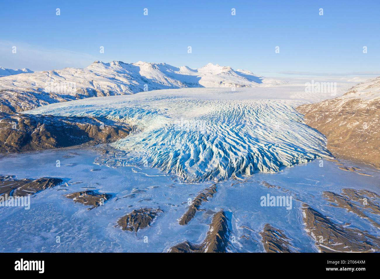 Aerial view over ice tongue Falljökull in winter, one of many outlet