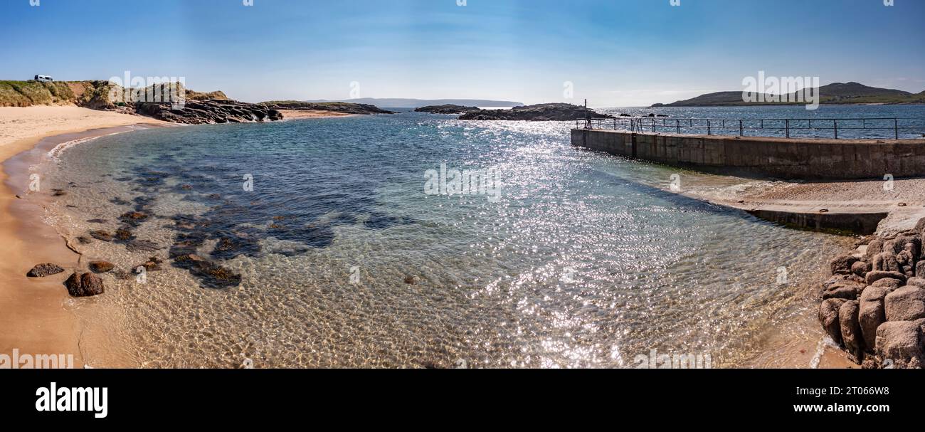 Aerial view of the north west pier on Cruit Island, Tobernoran, bay, County Donegal, Ireland. Stock Photo