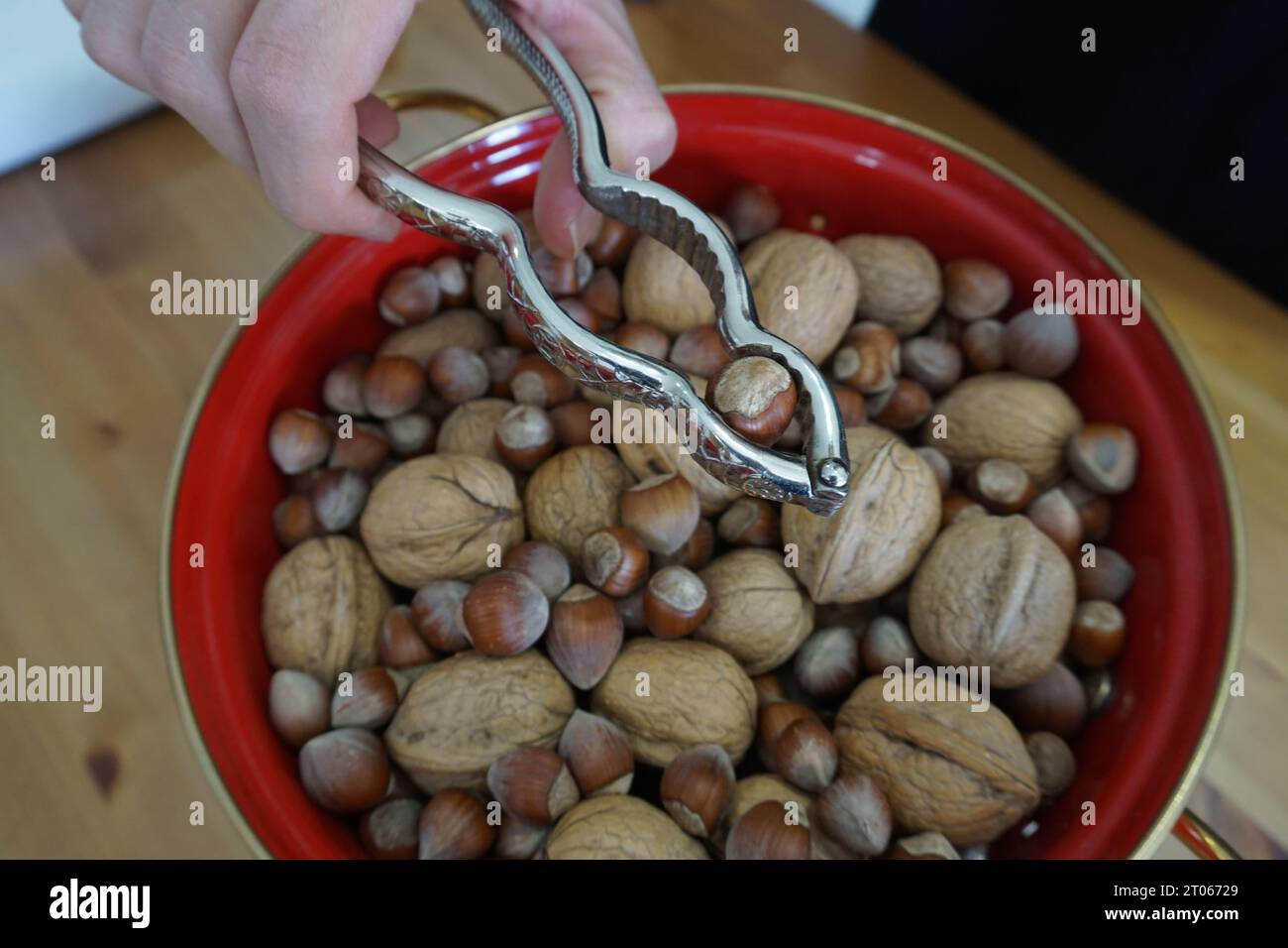 Cracking the walnuts and hazelnuts in the bowl. Cracking walnuts with a