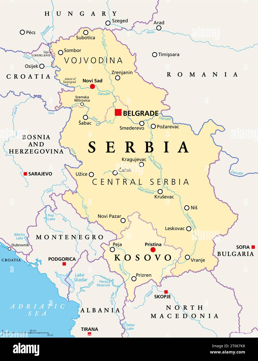 Serbia and Kosovo, landlocked countries in Southeast Europe, political map. Republic of Serbia, with capital Belgrade, and Republic of Kosovo. Stock Photo