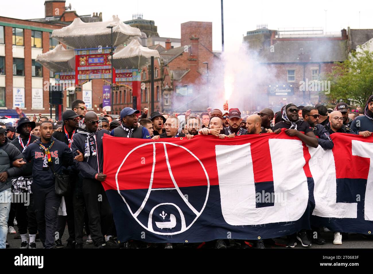Paris Saint-Germain fans outside the ground ahead of the UEFA Champions League Group F match at St. James' Park, Newcastle upon Tyne. Picture date: Wednesday October 4, 2023. Stock Photo