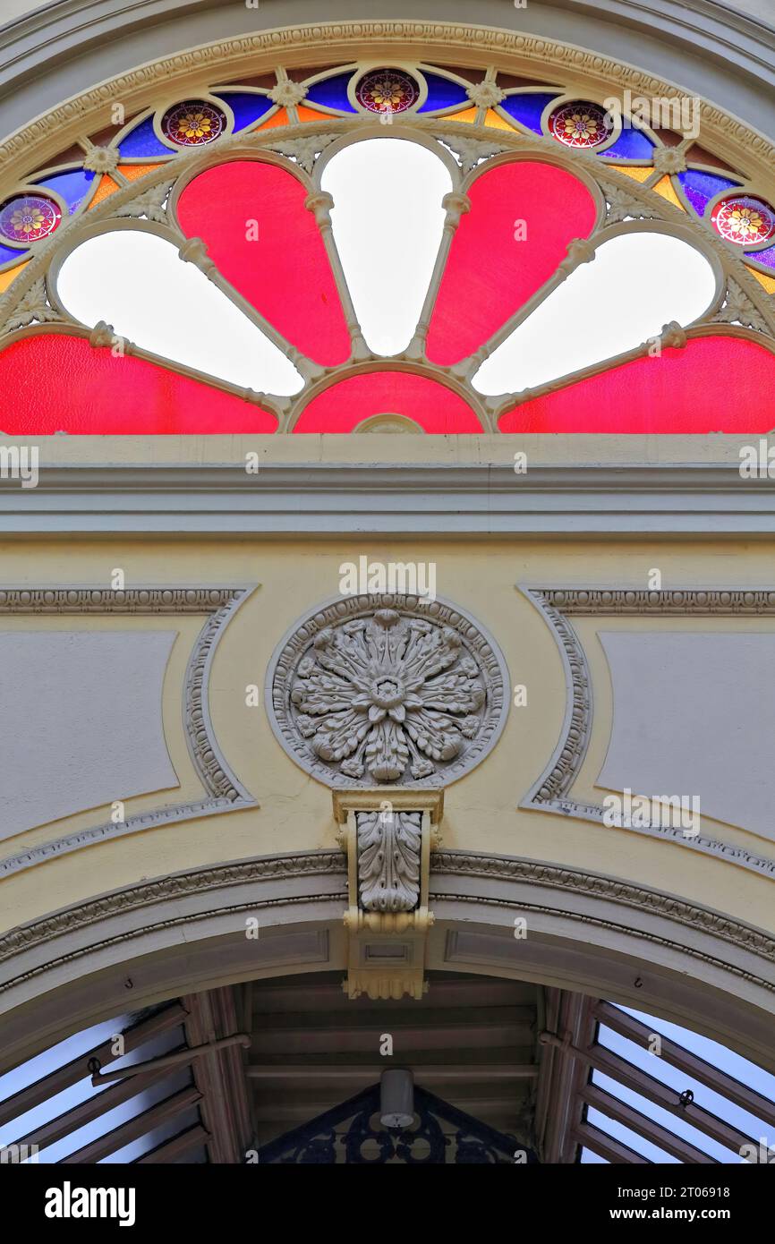 980+ Multicolored glass fanlight of an inner arch of The Royal Arcade, Australia's oldest extant shopping arcade. Melbourne-Australia. Stock Photo