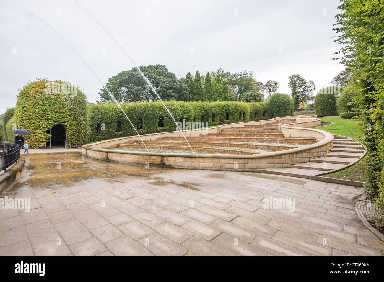The Grand Cascade, a famous water feature in Alnwick Gardens Northumberland, is the centrepiece