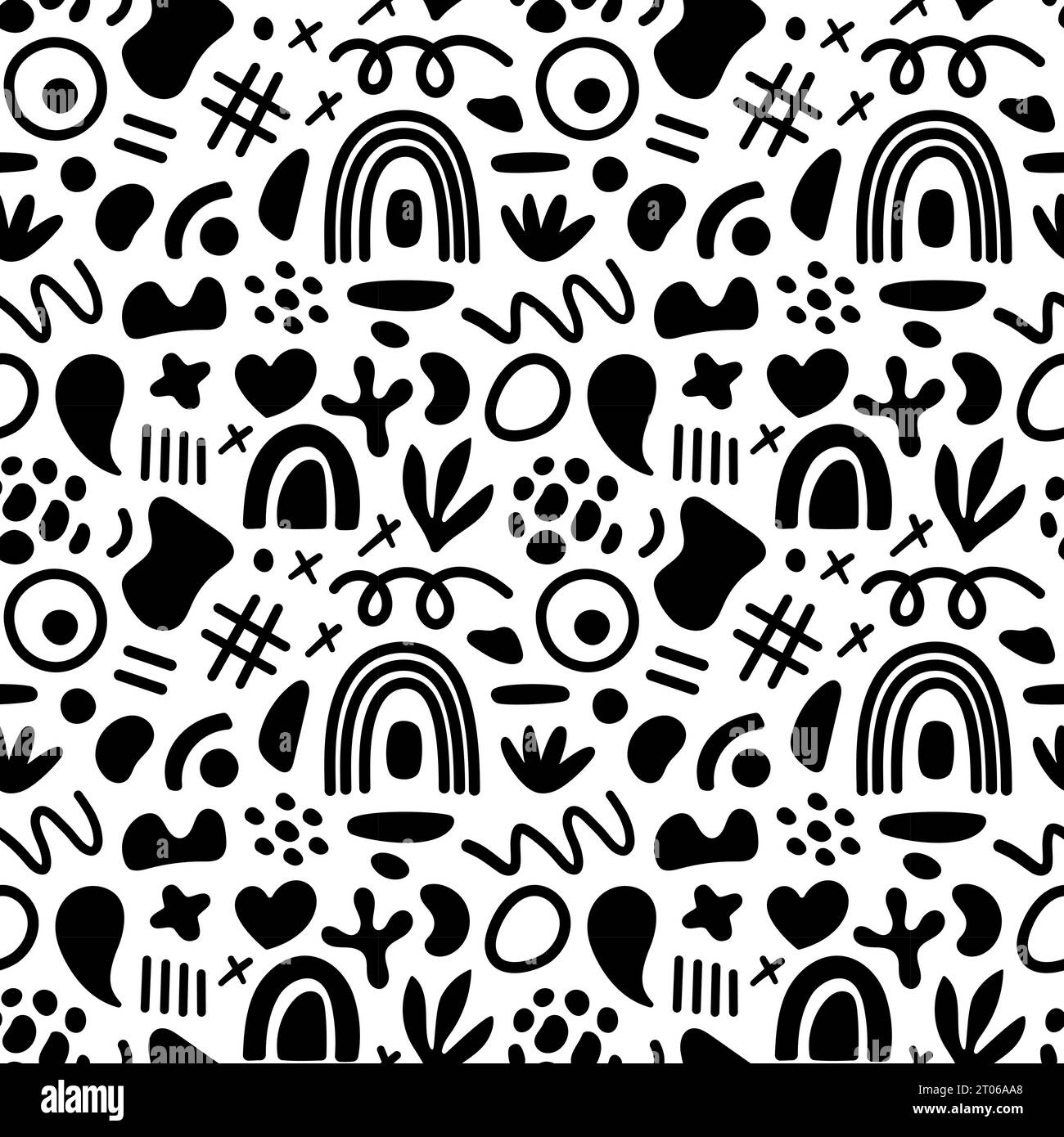 Abstract geometric shapes seamless pattern. Vector Hand drawn various shapes and doodle objects. Abstract contemporary modern style. Trendy black and Stock Vector