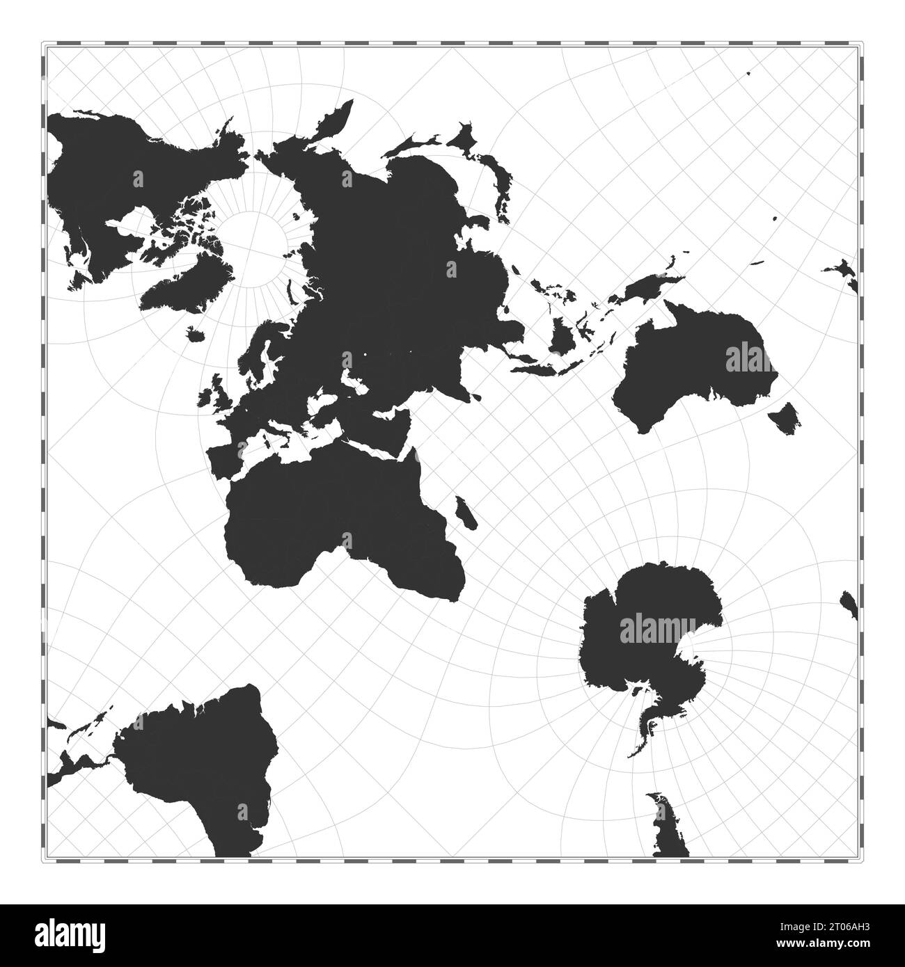 Vector world map. Peirce quincuncial projection. Plain world geographical map with latitude and longitude lines. Centered to 60deg W longitude. Vector Stock Vector