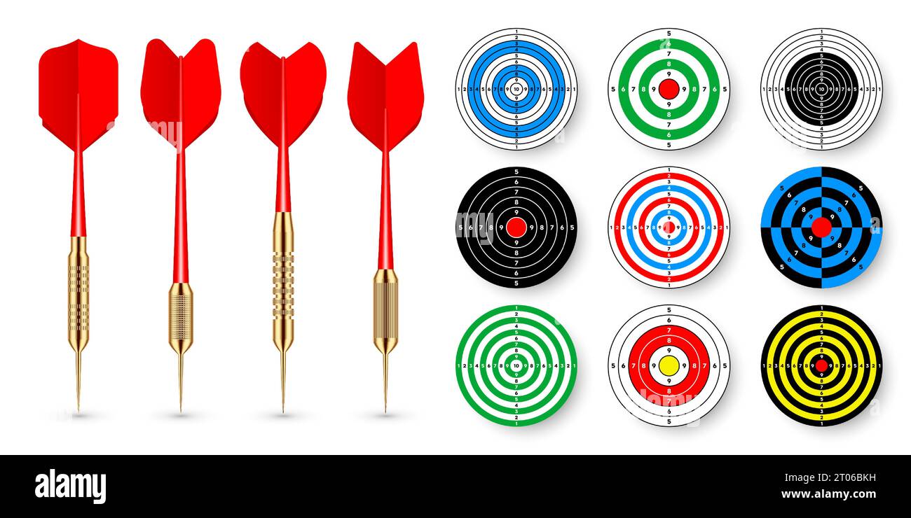 Paper targets with dart arrows and shadows. Shooting range round target, divisions, marks and numbers. Gun shooting practise and training, sport Stock Vector