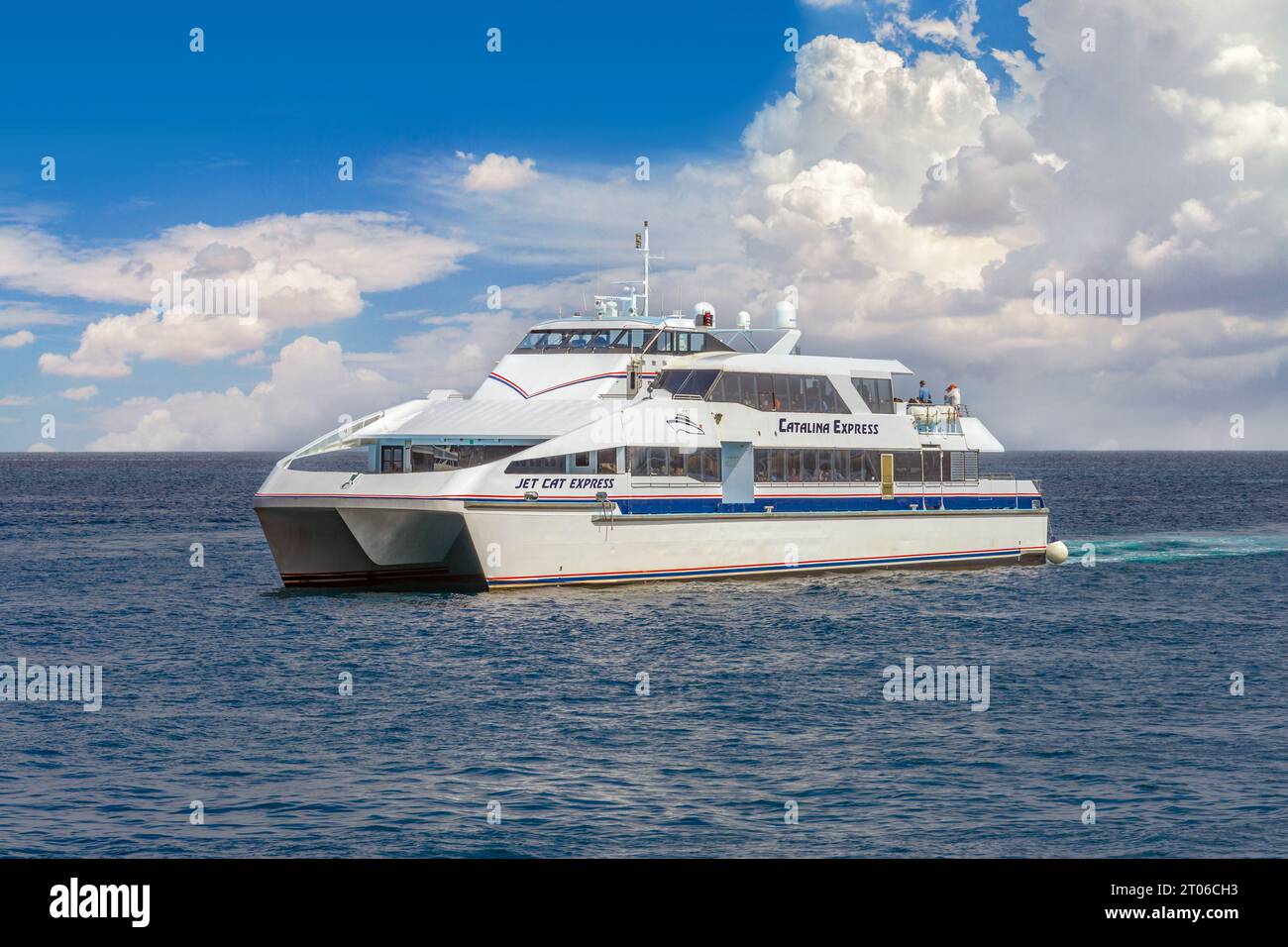 Avalon, CA, USA - September 13, 2023: The Catalina Express catamaran ship is traveling on the Pacific Ocean off the coast of Santa Catalina Island in Stock Photo
