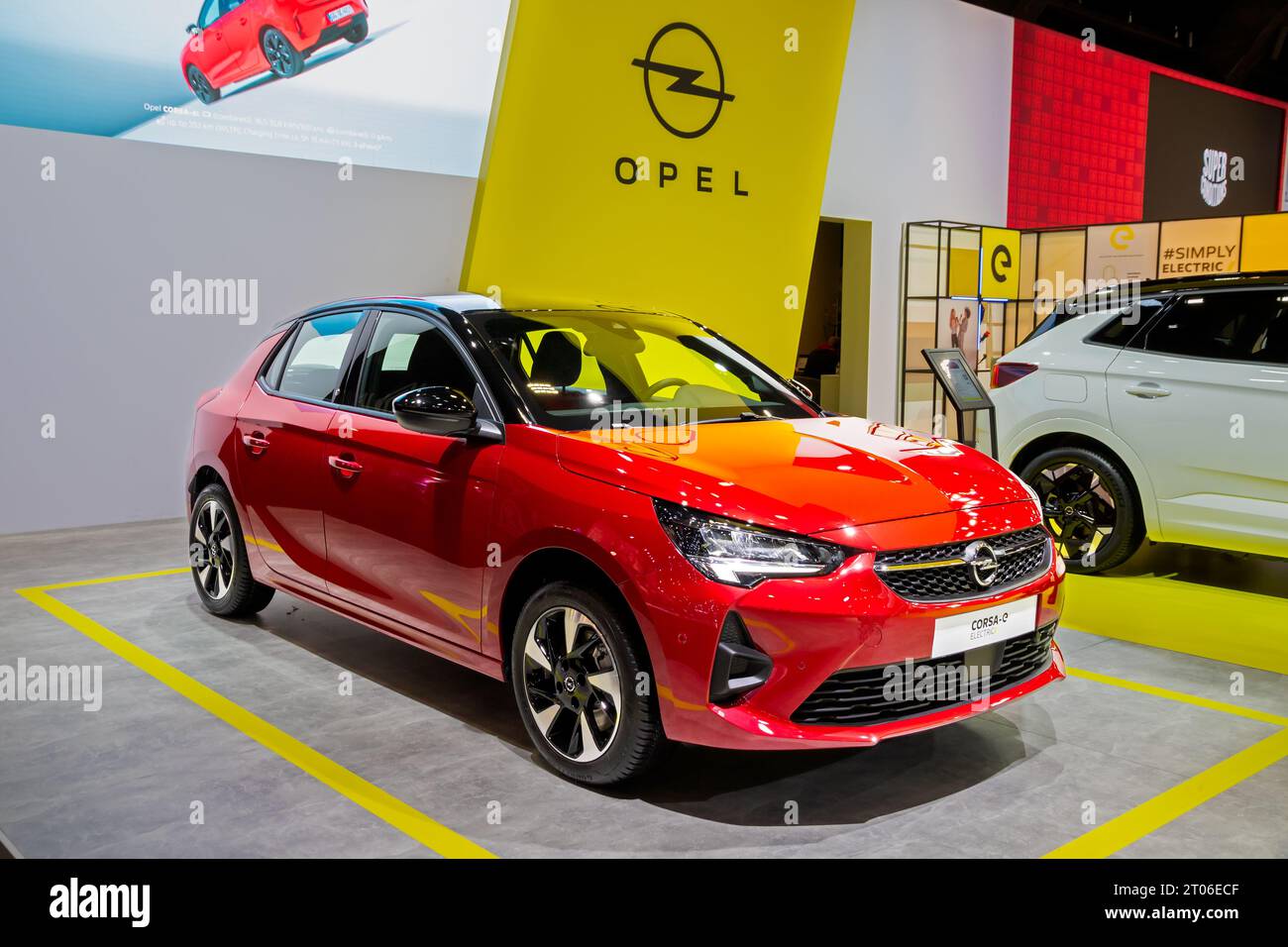 Opel Corsa-e (Vauxhall) electric hatchback car showcased at the Brussels Autosalon European Motor Show. Brussels, Belgium - January 13, 2023. Stock Photo