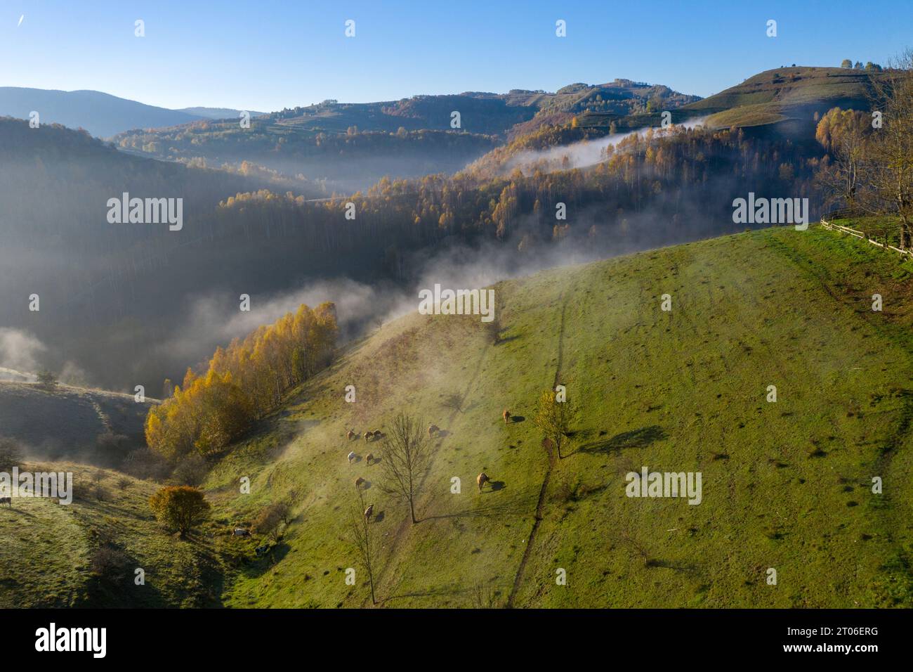 Morning haze in the mountains. Aerial drone view of autumn countryside hills in Transylvania, Romania Stock Photo