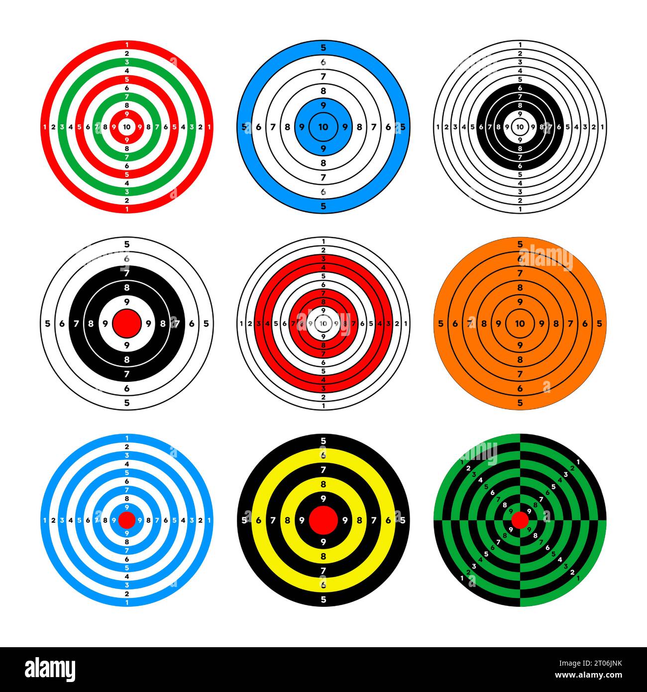 Shooting range paper targets. Round target with divisions, marks and numbers. Archery, gun shooting practise and training, sport competition and Stock Vector