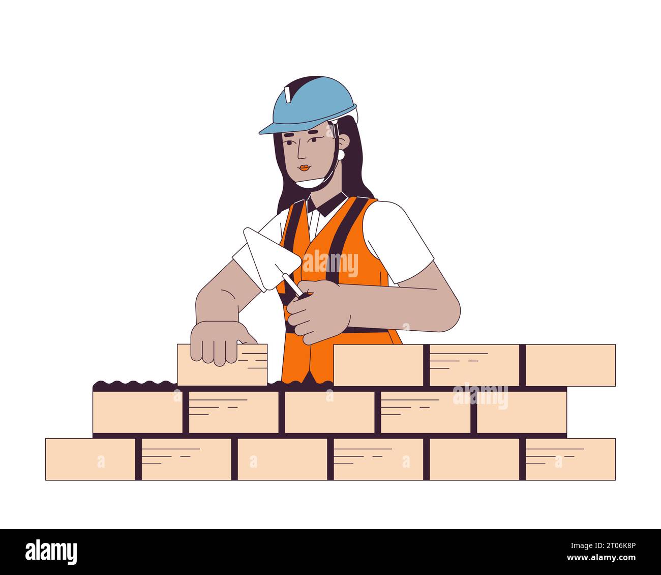 Indian woman bricklayer building line cartoon flat illustration Stock Vector