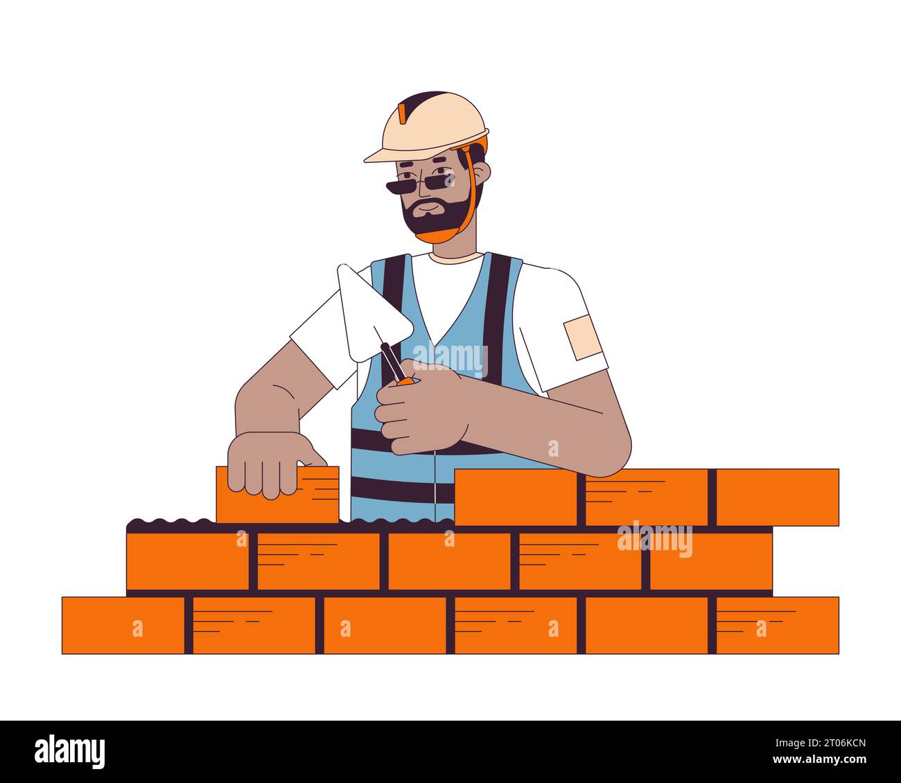 Construction worker laying bricks line cartoon flat illustration Stock Vector