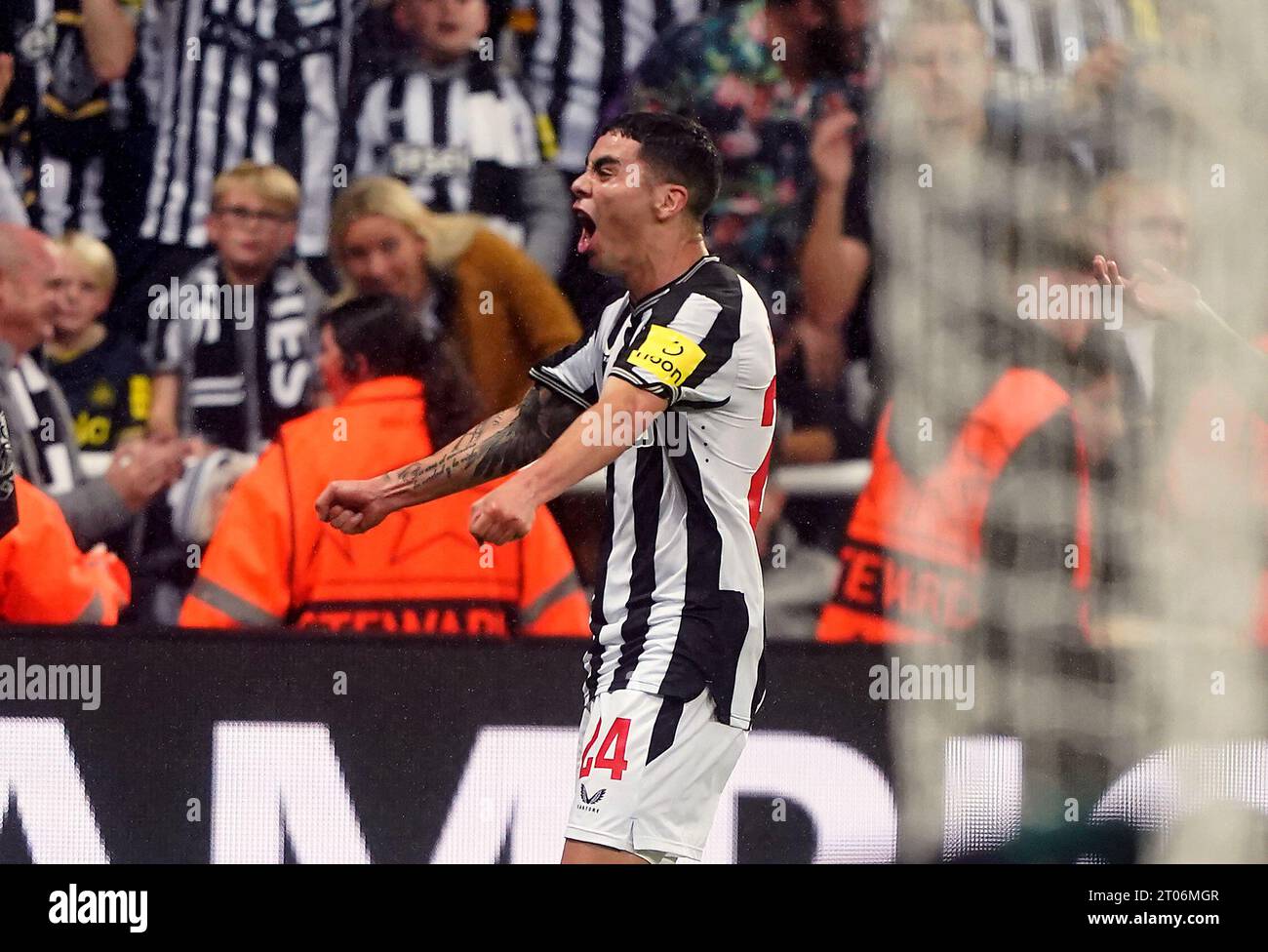 Newcastle United's Miguel Almiron celebrates scoring their side's first goal of the game during the UEFA Champions League Group F match at St. James' Park, Newcastle upon Tyne. Picture date: Wednesday October 4, 2023. Stock Photo
