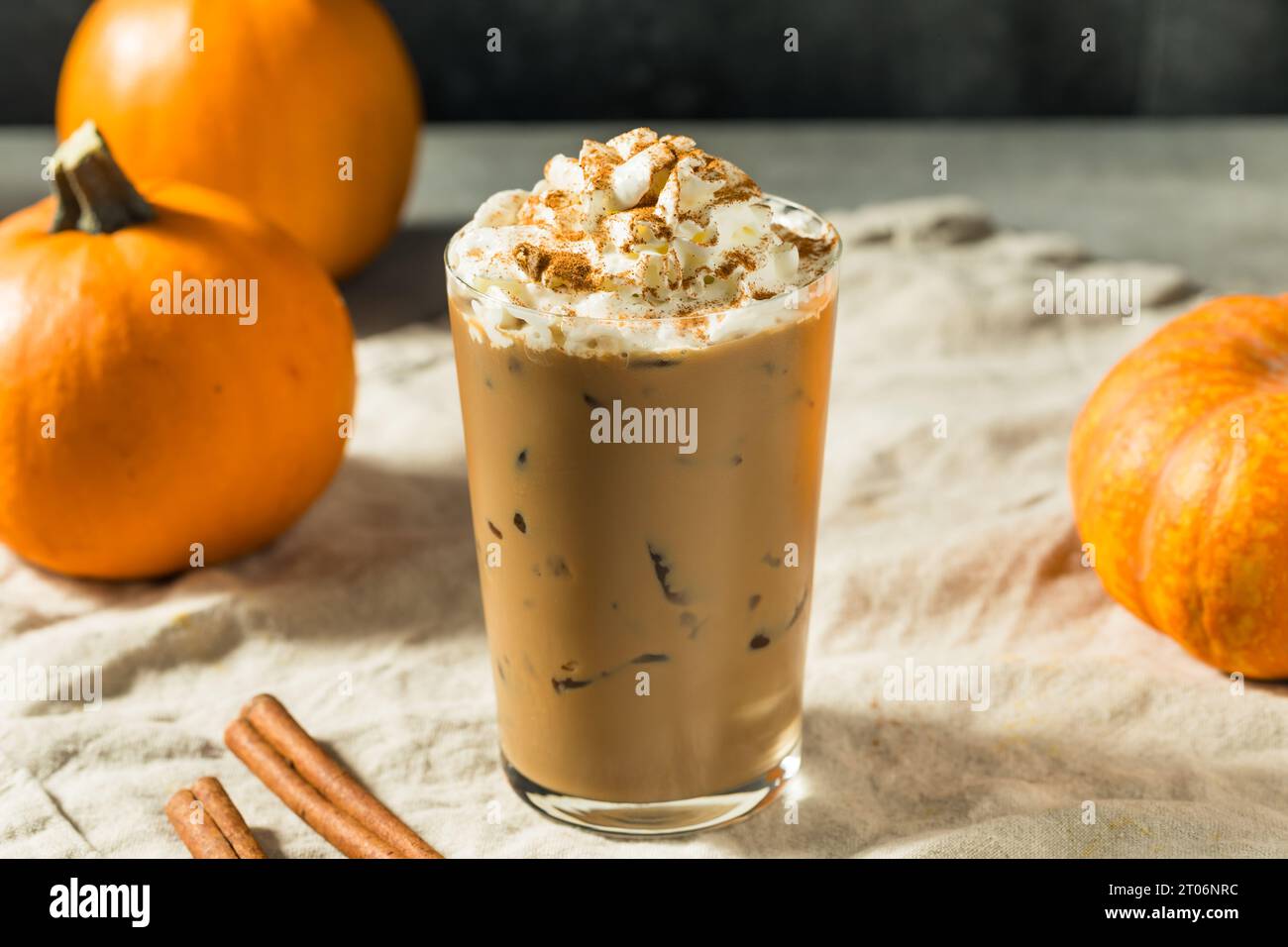 Cold Refreshing Iced Pumpkin Spice Latte with Whipped Cream Stock Photo